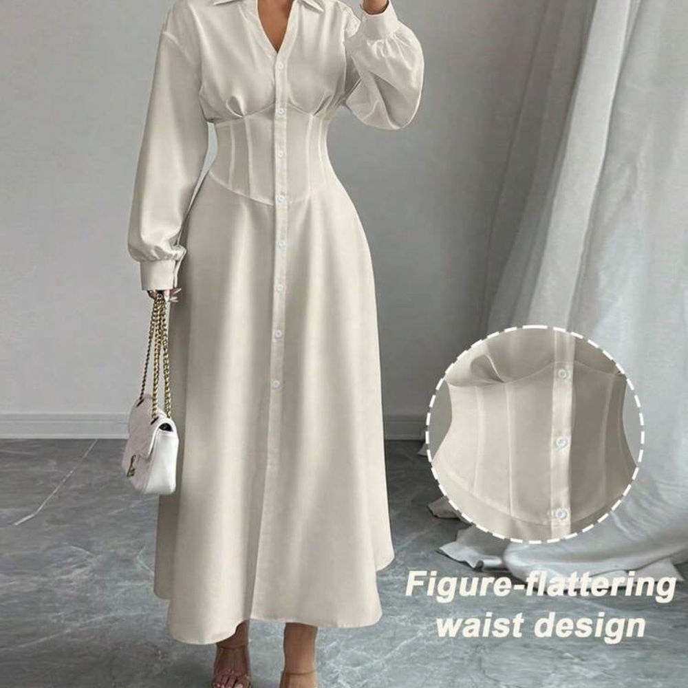 Cream Button-Front Maxi Shirt Dress with Corset Waist - Picture 2 of 4